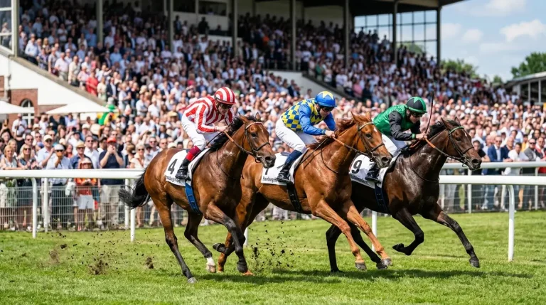 Deutsches Derby Hamburg-Horn: Galopprennen mit Vollblütern auf der Zielgeraden
