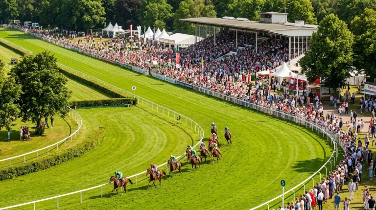 Hamburg-Horn Rennbahn: Panoramablick auf die Galoppbahn beim Derby-Meeting