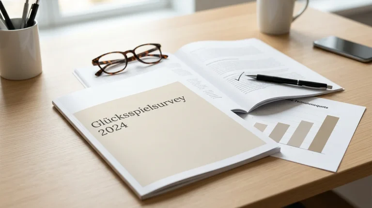 Glücksspielsurvey 2024: Gedruckter Forschungsbericht auf einem Schreibtisch