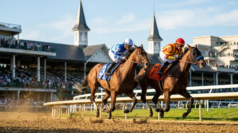 Kentucky Derby: Vollblüter auf der Dirt-Bahn von Churchill Downs mit den Twin Spires