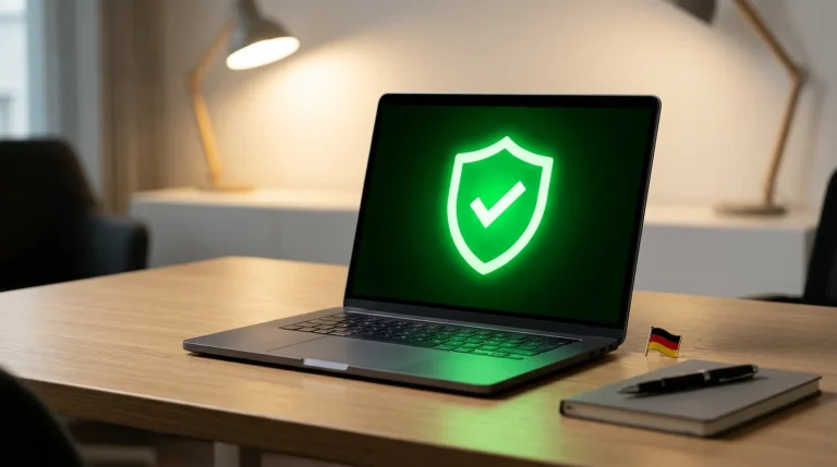 LUGAS Spielerschutz: Digitales Schutzschild-Symbol vor einem Laptop-Bildschirm