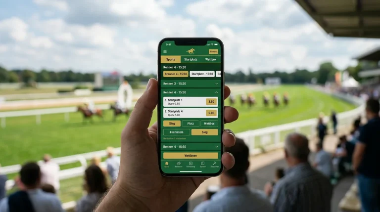 Pferdewetten App: Smartphone mit Rennwetten-Oberfläche vor einer Galopprennbahn