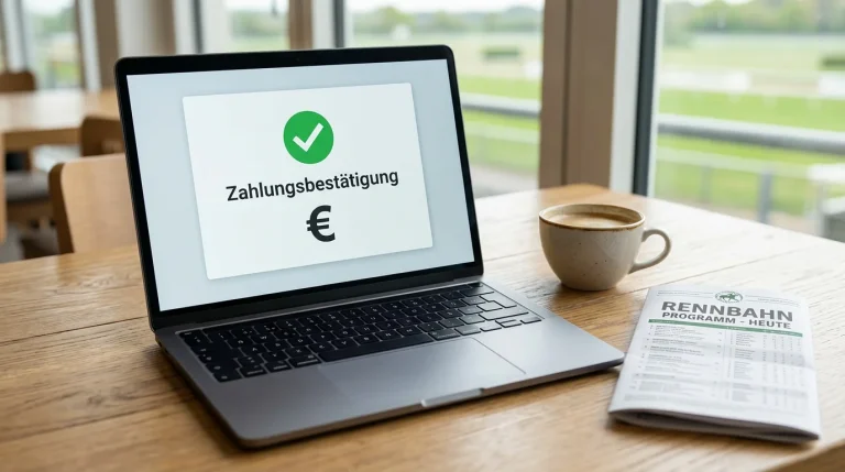 Pferdewetten Auszahlung: Laptop mit Zahlungsbestätigung vor einer Rennbahn-Kulisse