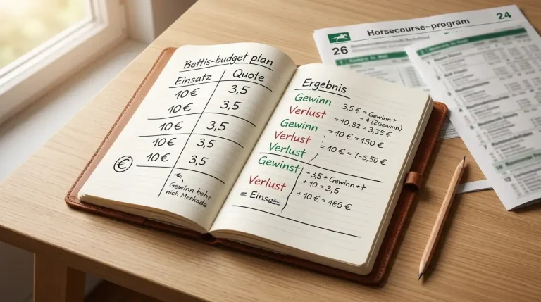 Bankroll Management: Notizbuch mit Wettbudget-Plan neben einem Rennprogramm