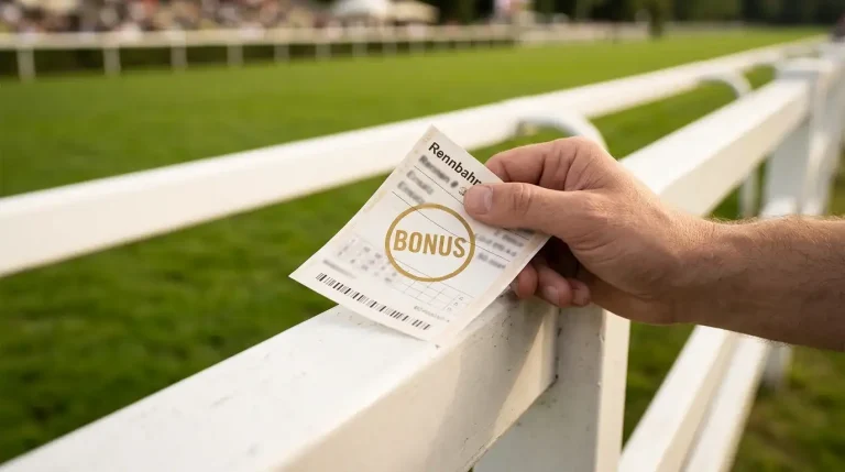 Pferdewetten Bonus: Wettschein mit Bonus-Markierung neben einem Rennbahn-Geländer