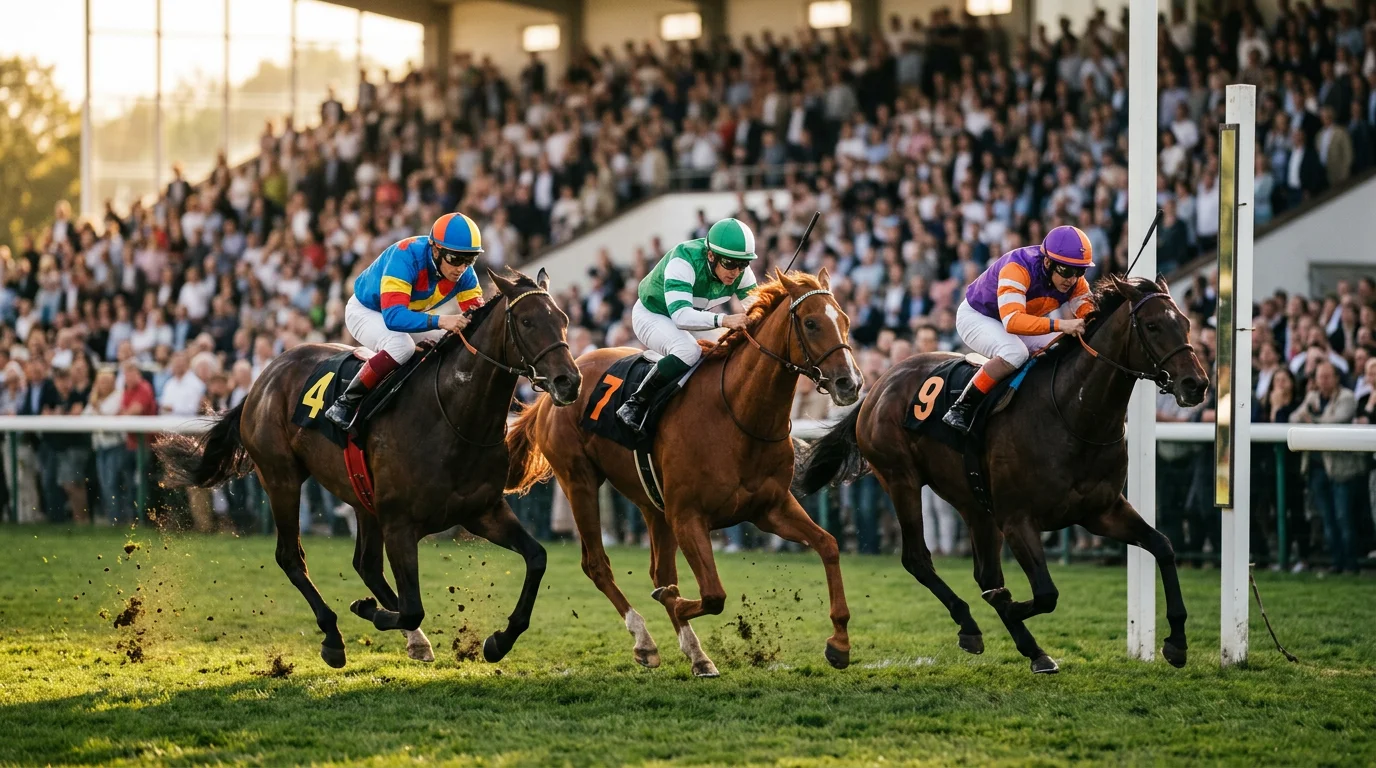 Galopprennen auf einer deutschen Rennbahn mit Jockeys im Zieleinlauf