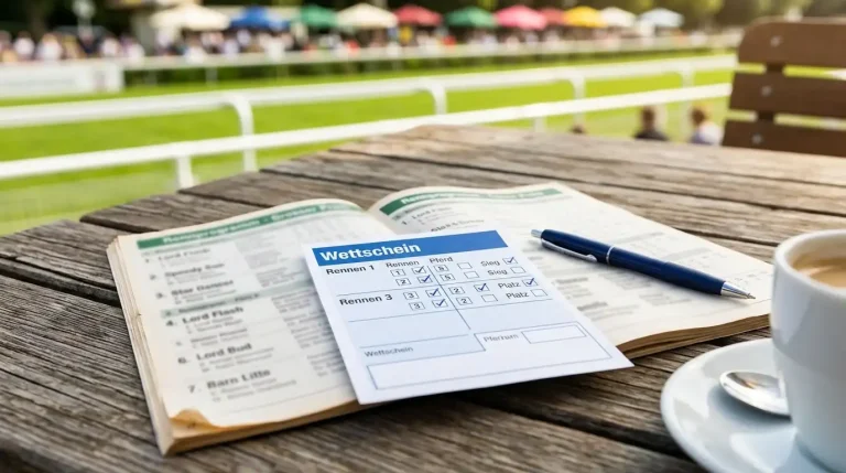Pferdewetten Erklärung: Ausgefüllter Wettschein neben einem Rennprogramm