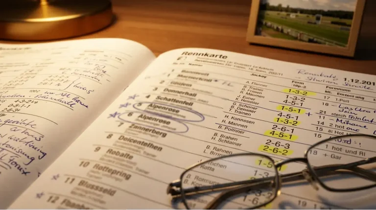 Pferdewetten Formanalyse: Detailaufnahme einer Rennkarte mit Formzahlen und Notizen