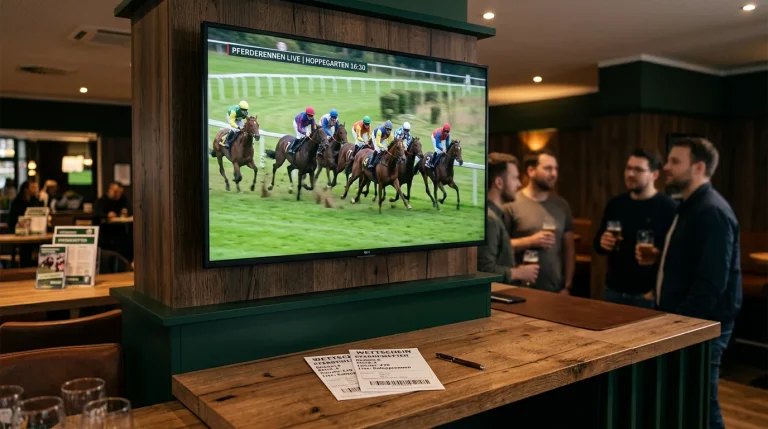 Pferderennen Livestream: Galopprennen auf einem großen Bildschirm in einem Wettbüro
