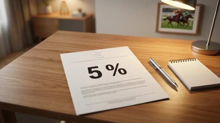 Rennwettsteuer bei Pferdewetten: Dokument mit 5-Prozent-Markierung auf einem Schreibtisch