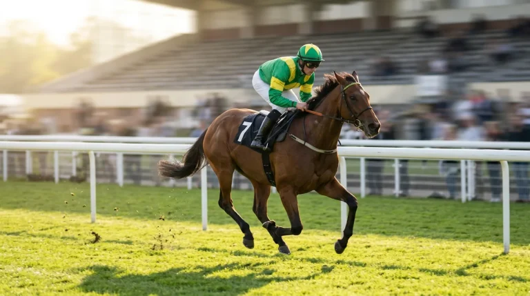 Rennwetten-Strategie: Jockey auf Vollblut im vollen Galopp auf einer deutschen Rennbahn