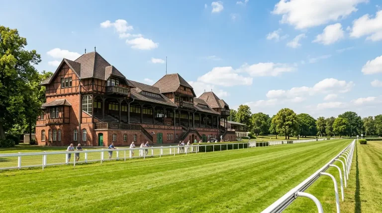 Rennbahn Hoppegarten: Historische Tribüne und grüne Rennbahn bei Berlin