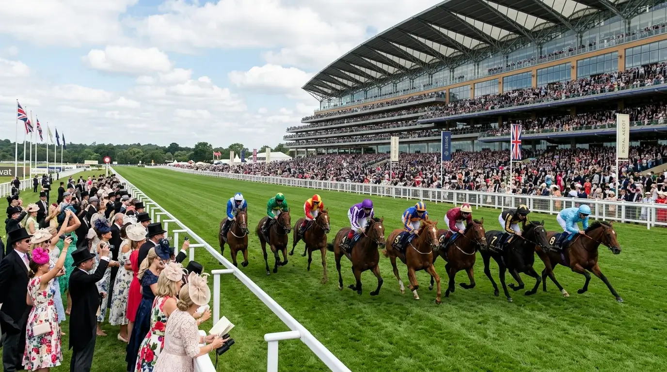 Pferderennen beim Royal Ascot Meeting mit vollem Zuschauerrang und Starterfeld