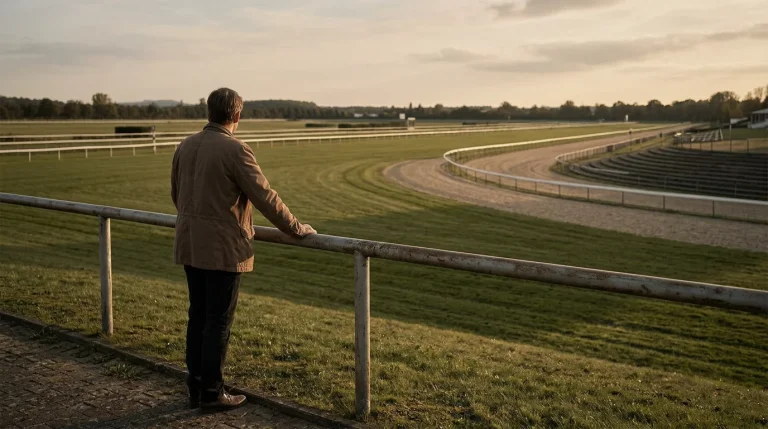 Spielsucht erkennen: Person blickt nachdenklich auf eine leere Rennbahn